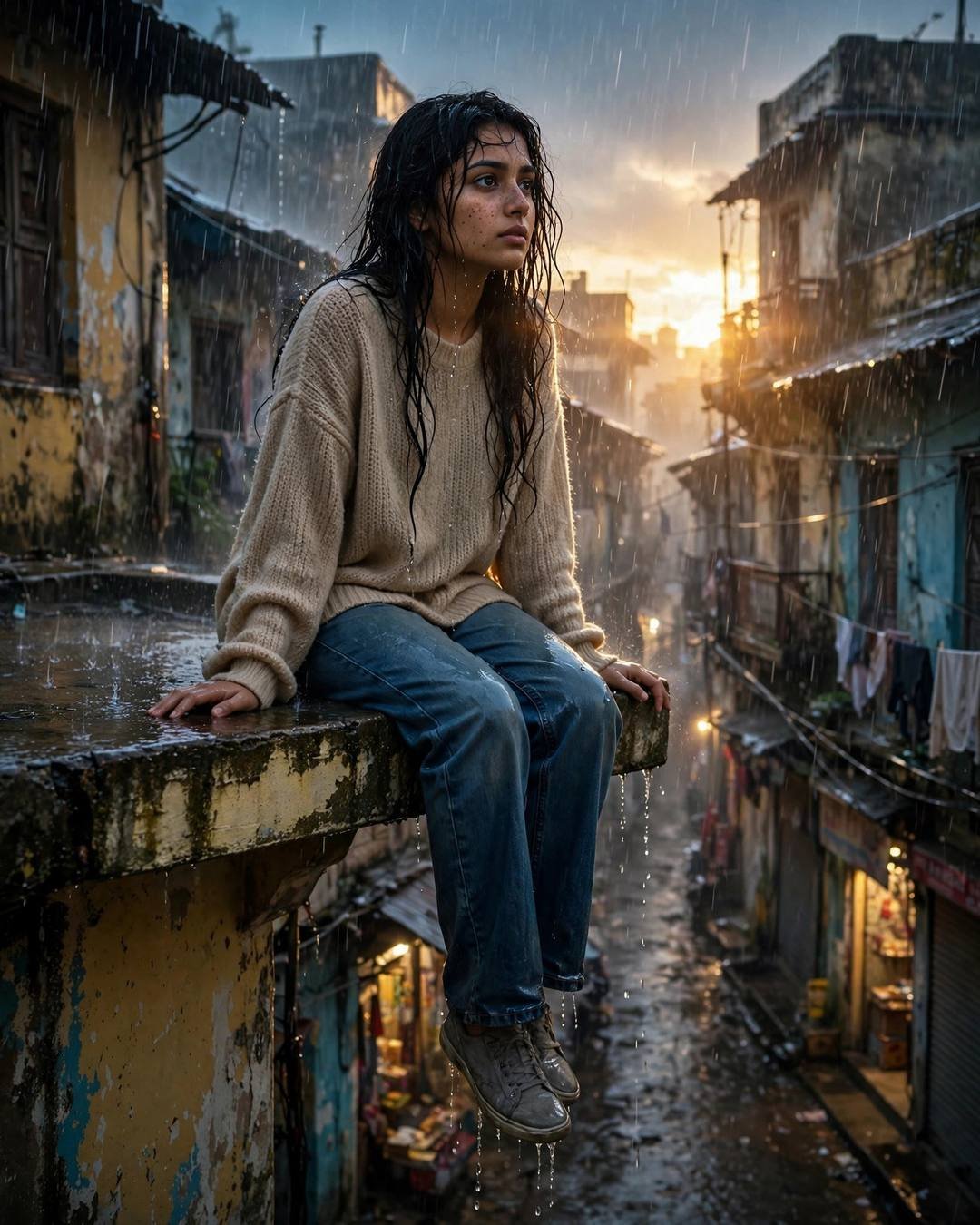 Young Indian woman in wet beige sweater sitting on a rainy rooftop ledge above an old city lane at dusk