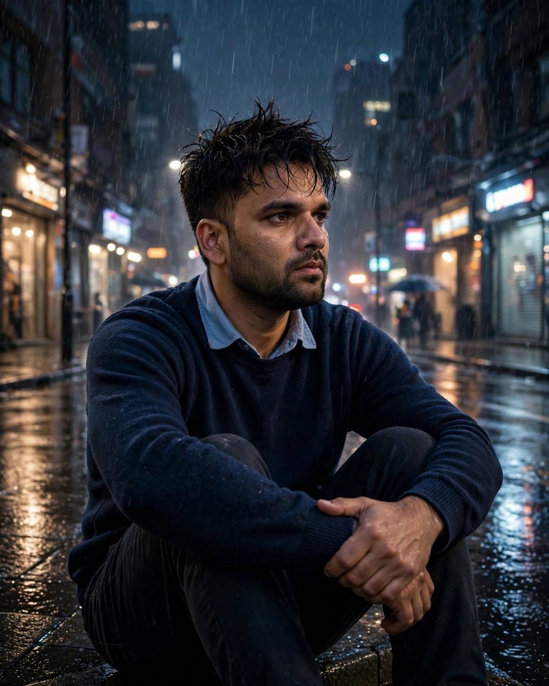 Young Indian man in navy sweater sitting alone on a rain-soaked city street at midnight