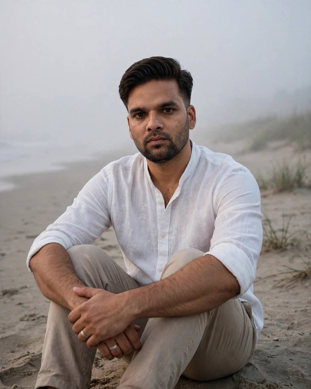 Young Indian man in white linen shirt sitting alone on a foggy beach at dusk