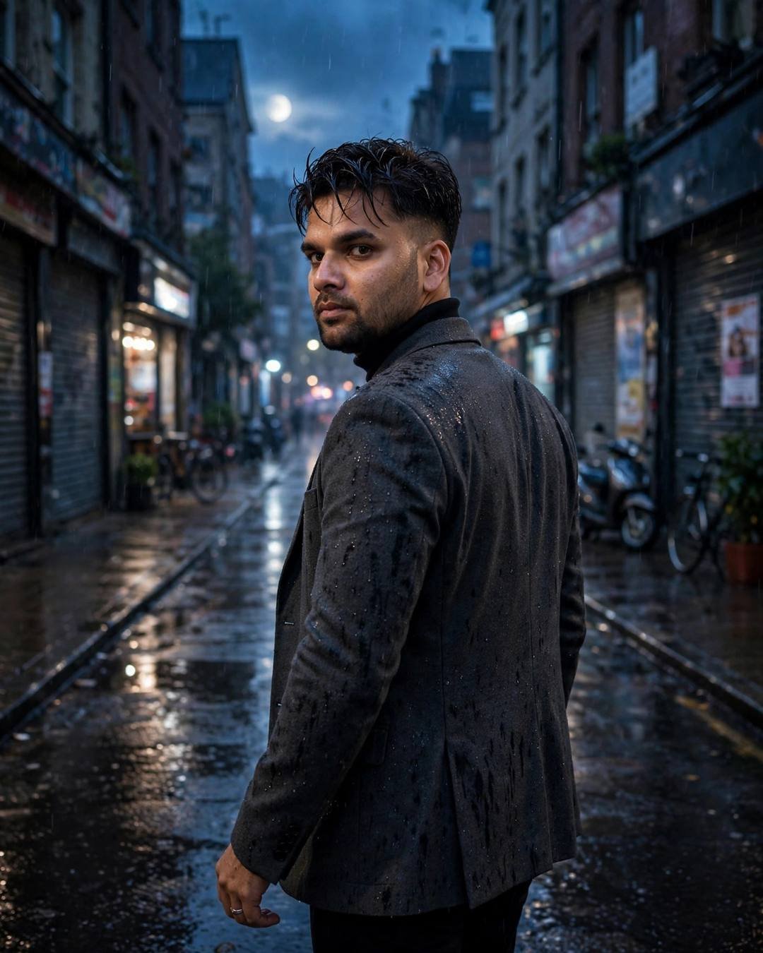 Young Indian man in charcoal blazer looking back over his shoulder on a wet city street at blue hour