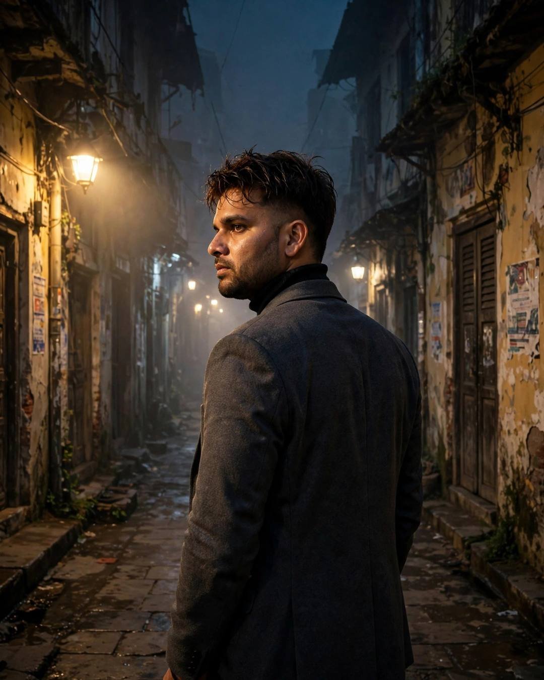 Young Indian man in charcoal blazer looking over his shoulder in a foggy old-city lane at midnight