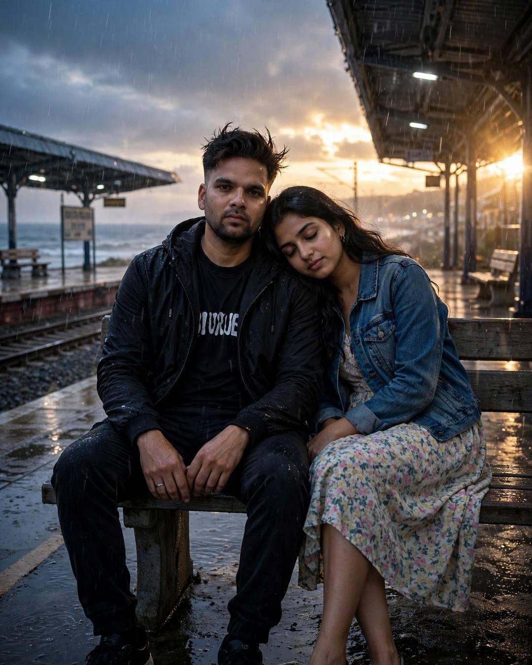 Couple: a red dupatta streaming in the sea, Beach Couple AI portrait