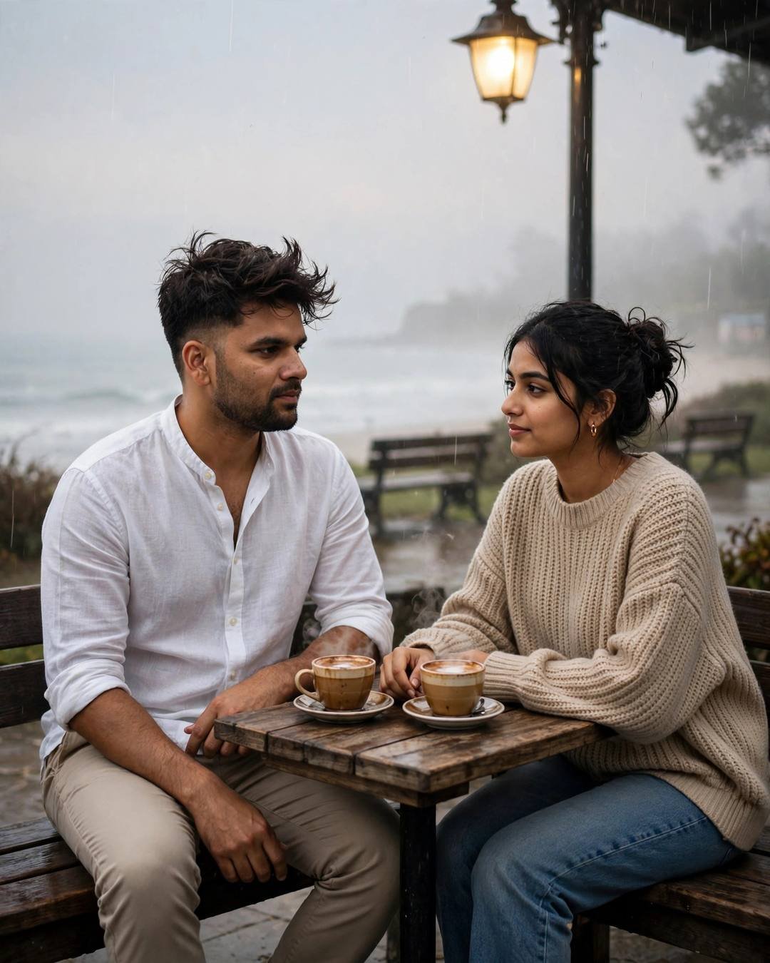 Couple: sharing one fresh coconut with two straws, Beach Couple AI portrait