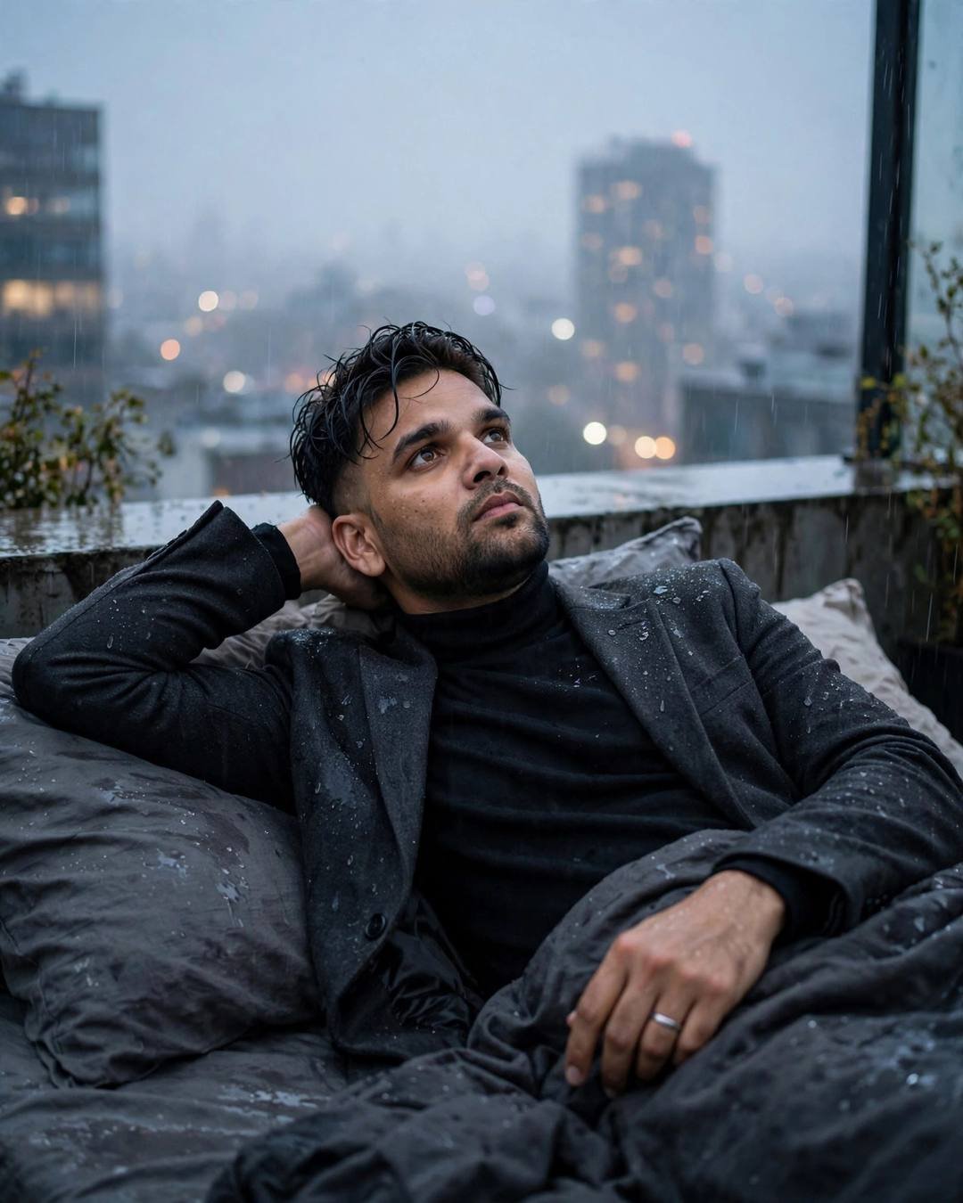 Man: all-black athleisure leaning on flyover railings while, Black Outfit AI portrait