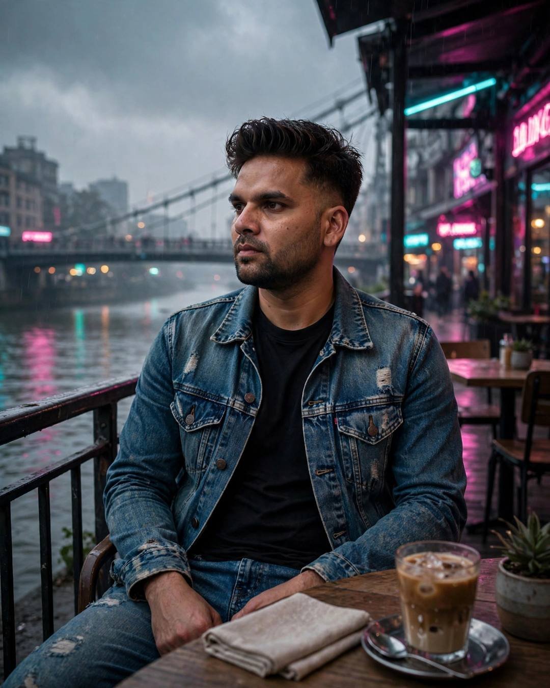 Man: black pathani with a silver watch glinting, Black Outfit AI portrait