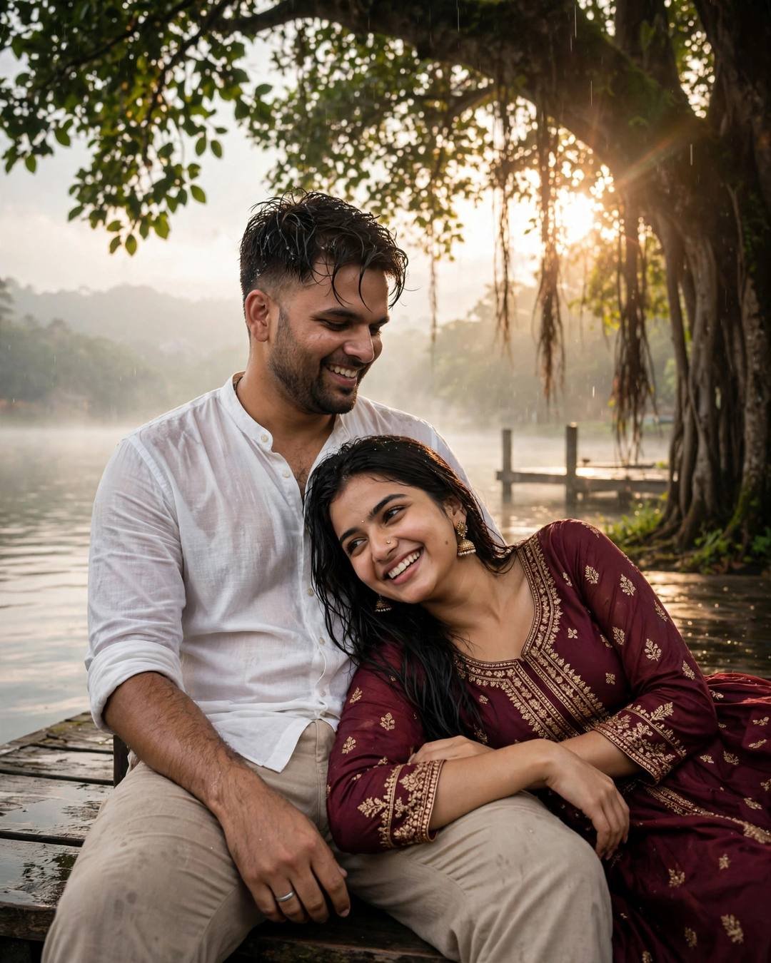 Couple sitting under a tree at a lake pier at dawn, woman's head in the man's lap, both laughing softly in golden light
