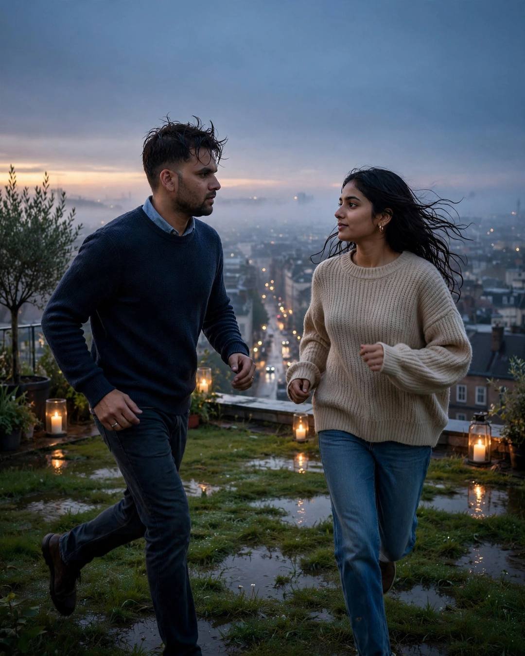 Couple running toward each other on a rain-wet rooftop garden at dawn with candles and city lights below