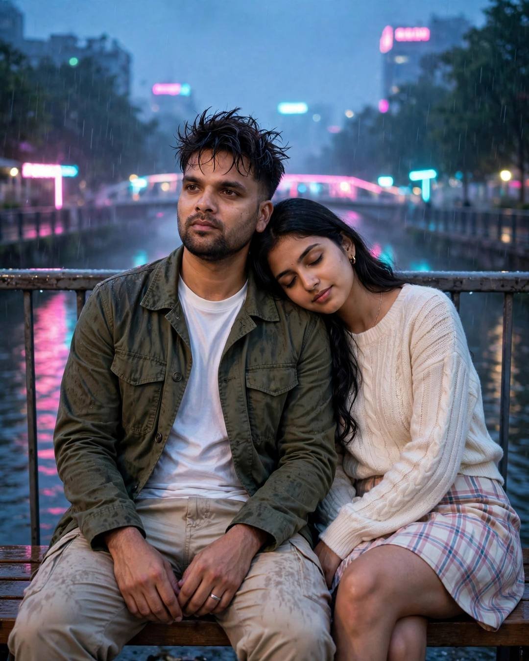 Couple sitting close on a bridge bench at blue hour, woman's head on the man's shoulder, neon reflections on the river