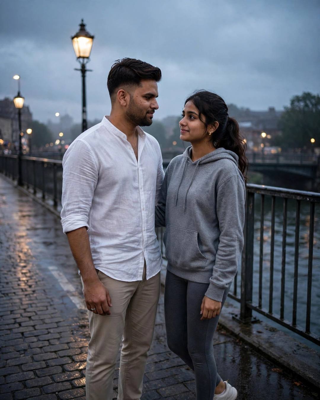 Couple standing face to face on a rain-wet bridge at blue hour, streetlights glowing on wet cobbles