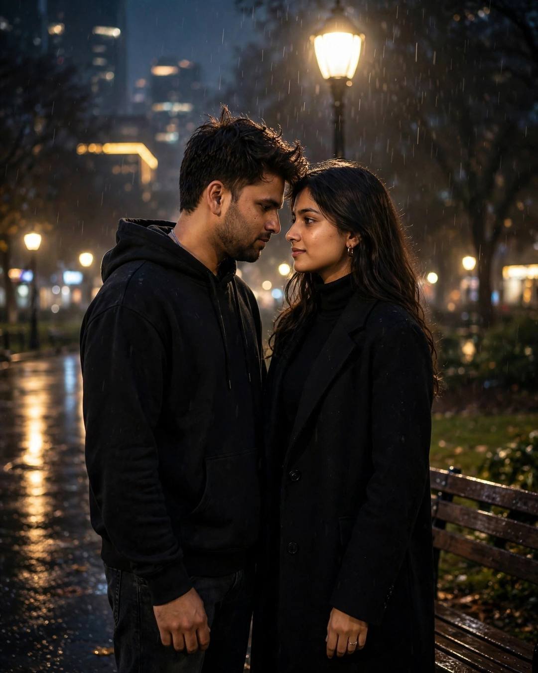 Couple standing face to face with foreheads almost touching under a park lamp in midnight rain