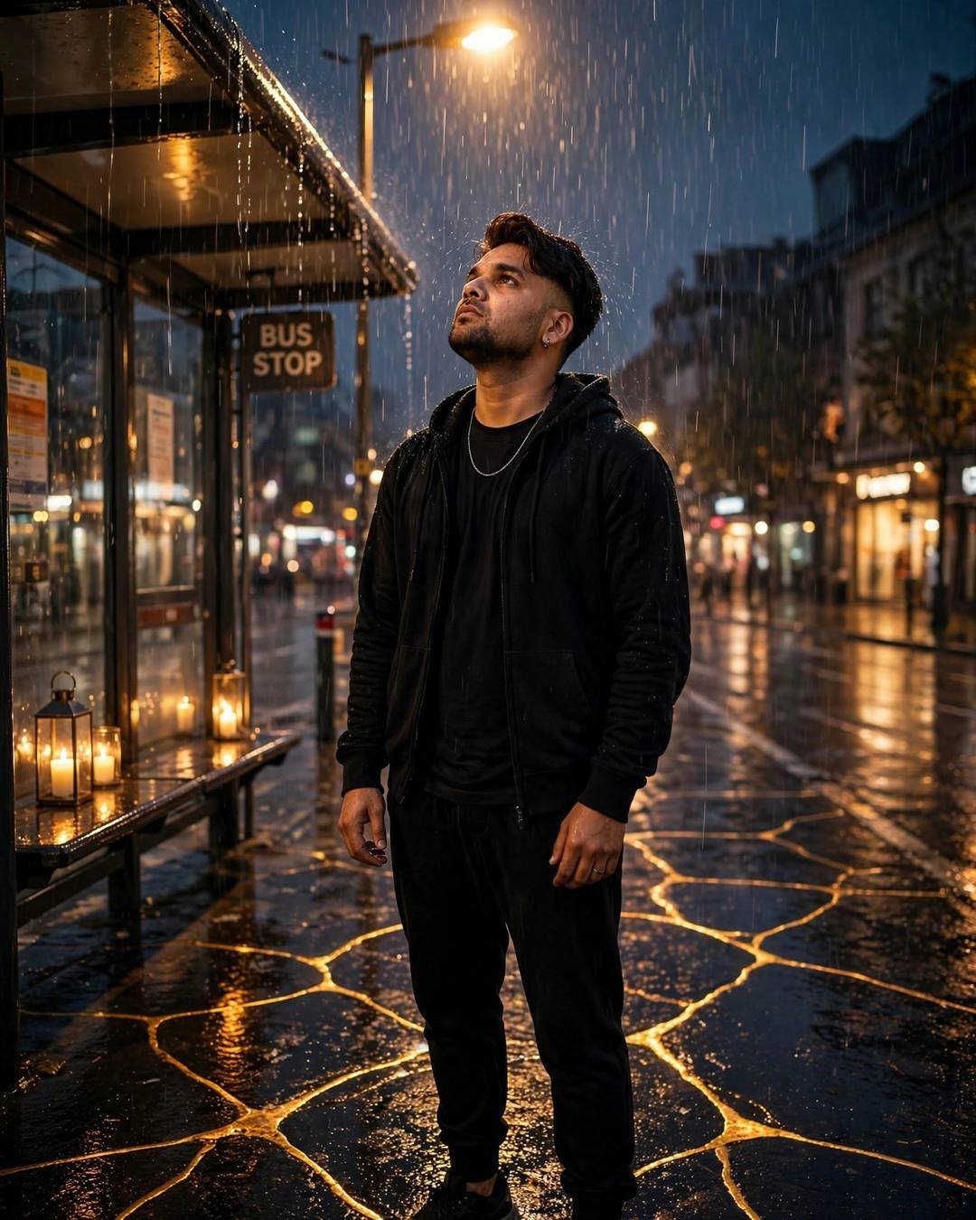 AI portrait of a young Indian man in all-black streetwear standing under a streetlamp in the rain, golden cracks glowing in the wet pavement