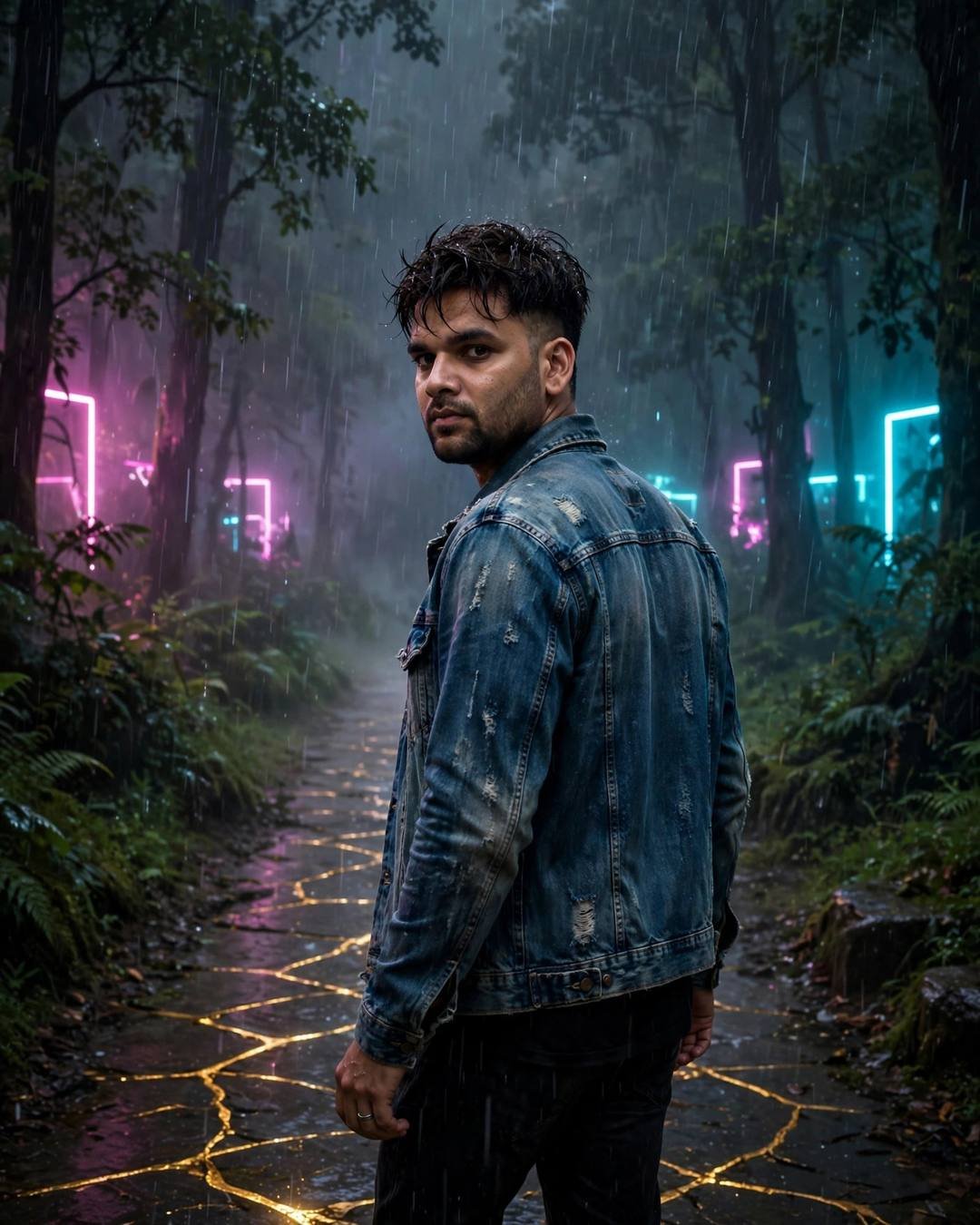 AI portrait of a young Indian man in a denim jacket on a misty neon-lit forest path in the rain, golden cracks in the stone