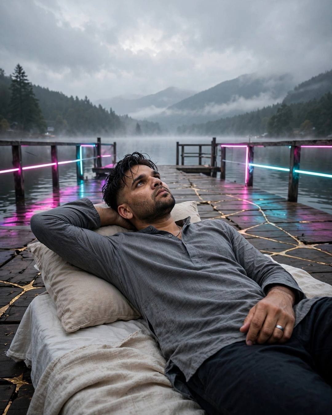 AI portrait of a young Indian man in a grey kurta lying on a bed on a neon-lit lake pier at dawn, misty mountains behind