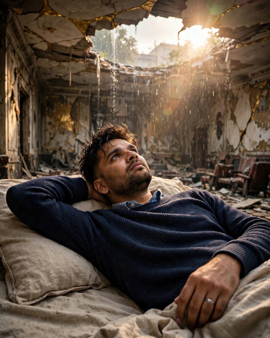 AI portrait of a young Indian man in a navy sweater reclining on a bed inside an abandoned cinema with a caved-in roof, golden light pouring in