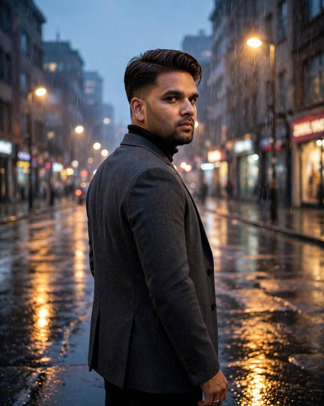AI portrait of a young Indian man in a charcoal blazer walking away on a rain-soaked city street at blue hour, looking over his shoulder