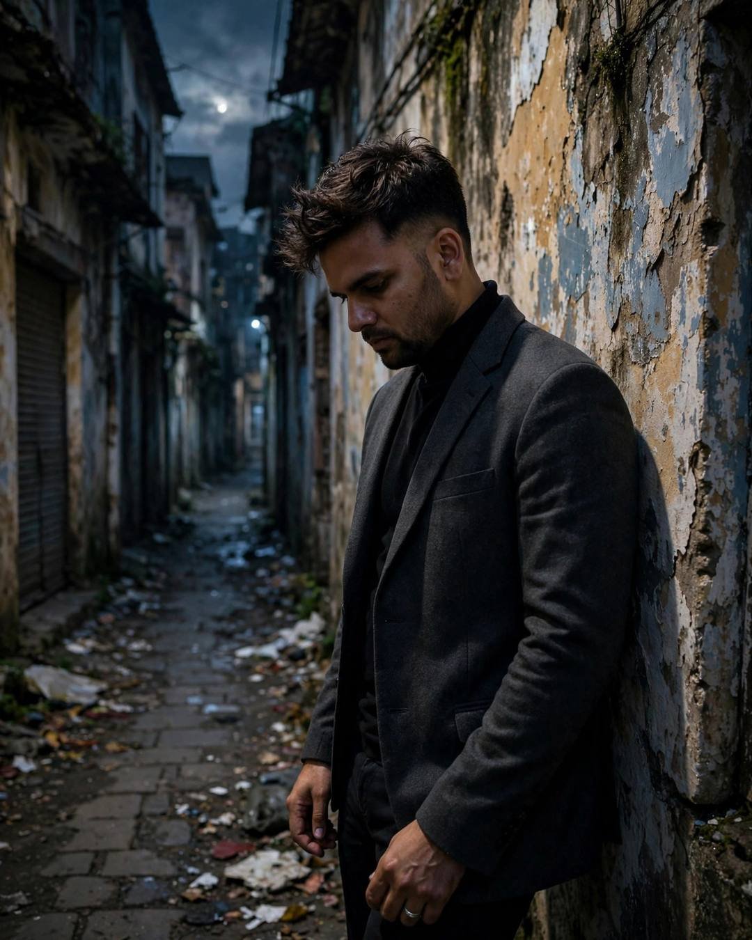 Young Indian man leaning against a weathered wall, head tilted down at the narrow old-city lane with peeling walls, overcast gloom