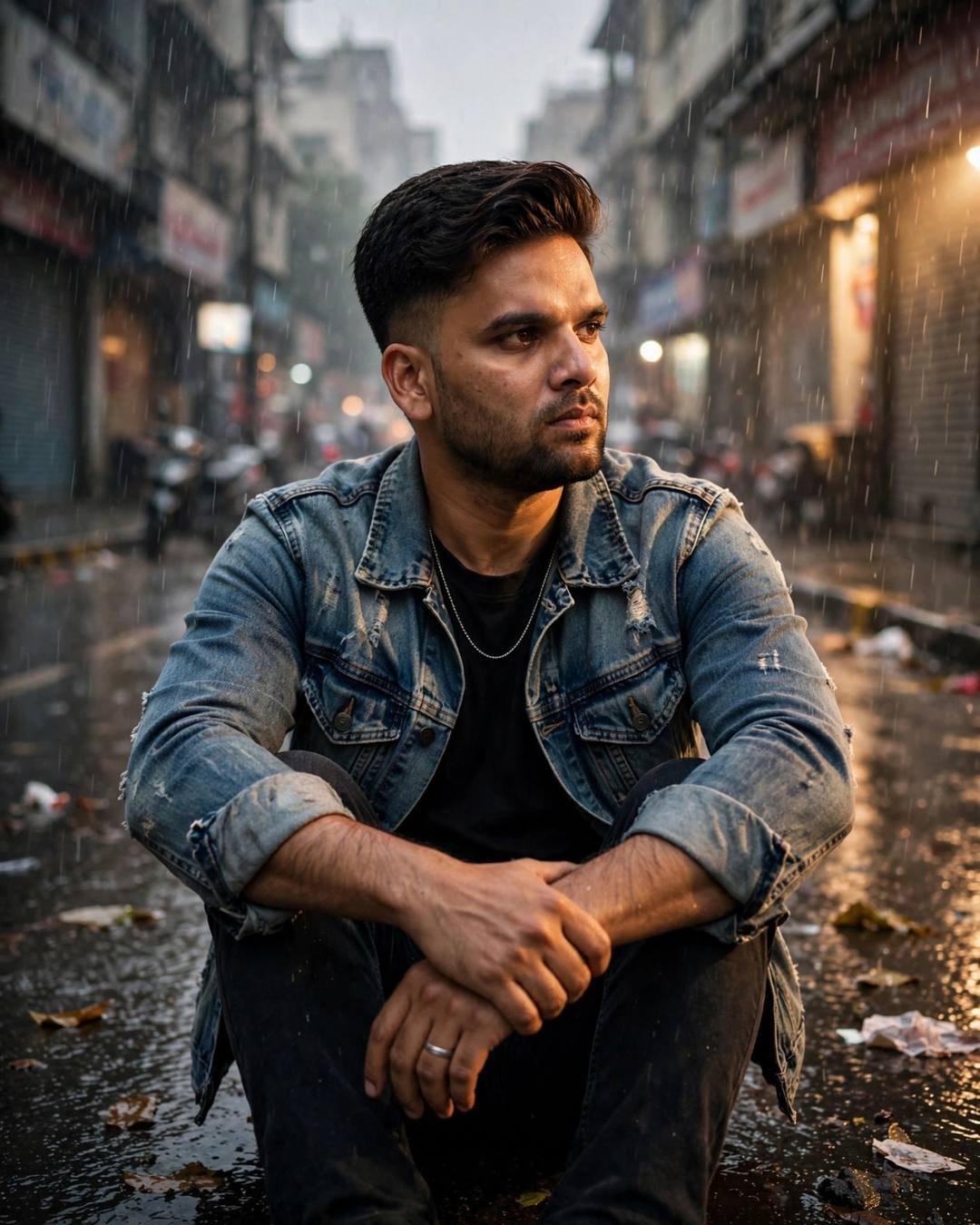 Young Indian man sitting with knees drawn up, arms wrapped around legs at the rain-soaked city street, drizzle