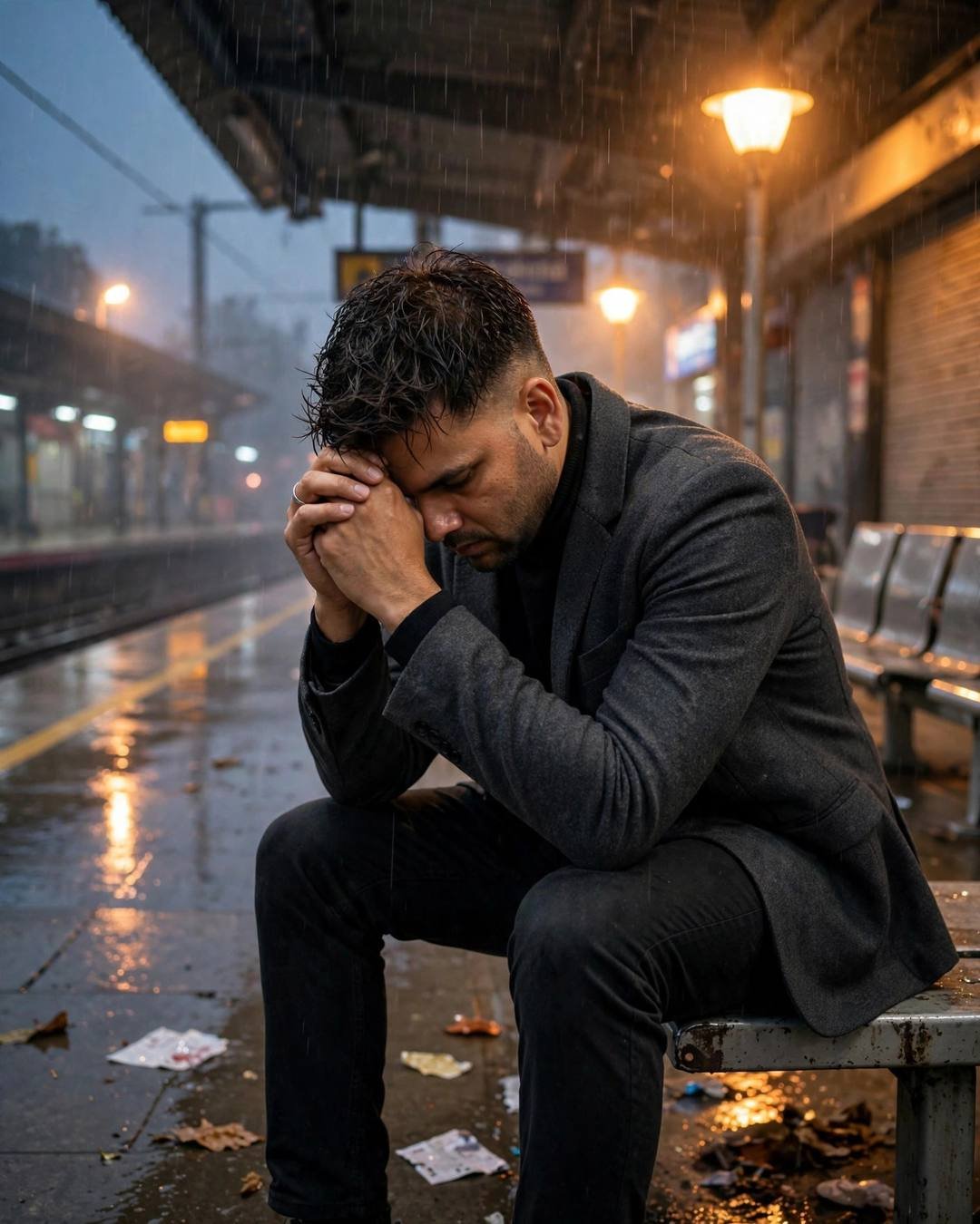 Young Indian man sitting on station bench, elbows on knees, head in hands at the midnight metro station, drizzle