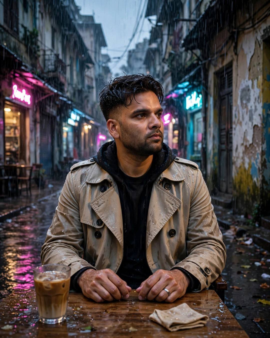 Young Indian man sitting at a cafe table, cradling a cold coffee, lost in thought at the narrow old-city lane with peeling walls, heavy monsoon rain