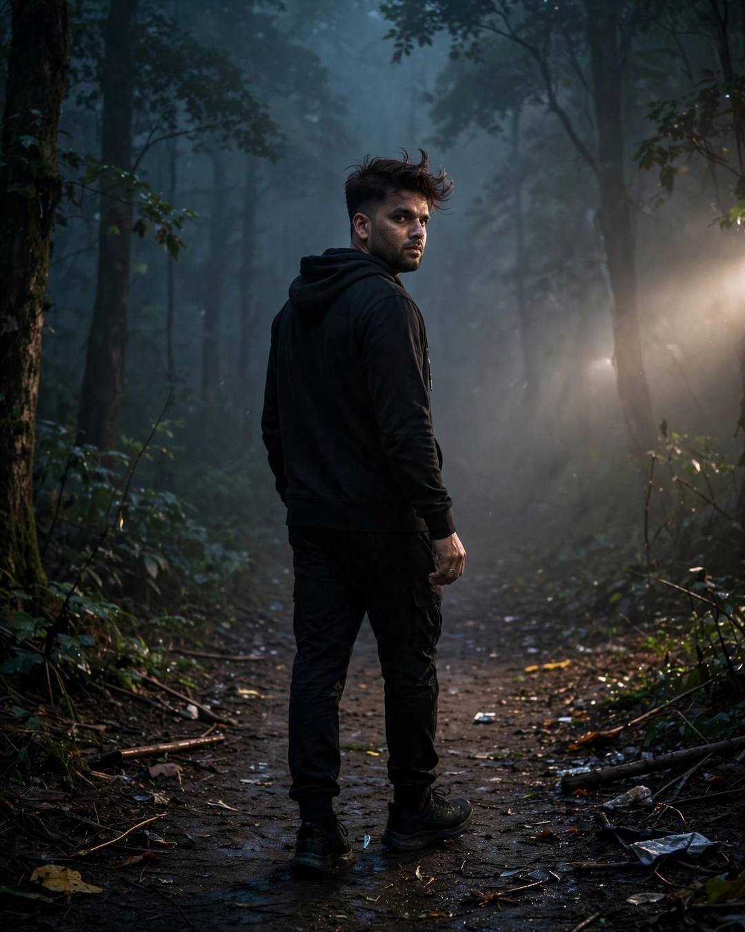 Young Indian man walking away from the camera down an empty path at the misty forest path, dense fog