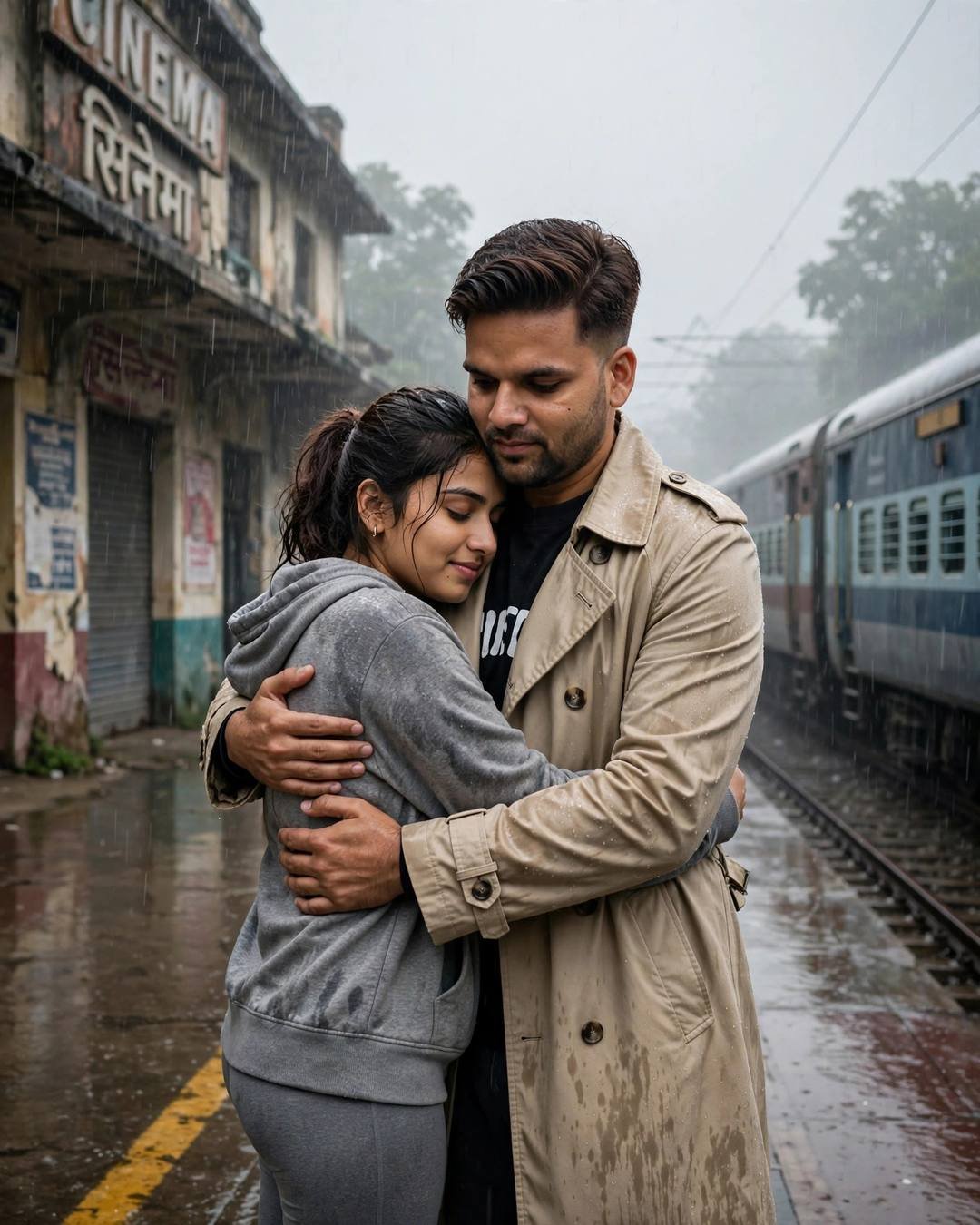 Couple hugging on a rainy railway platform beside a waiting train