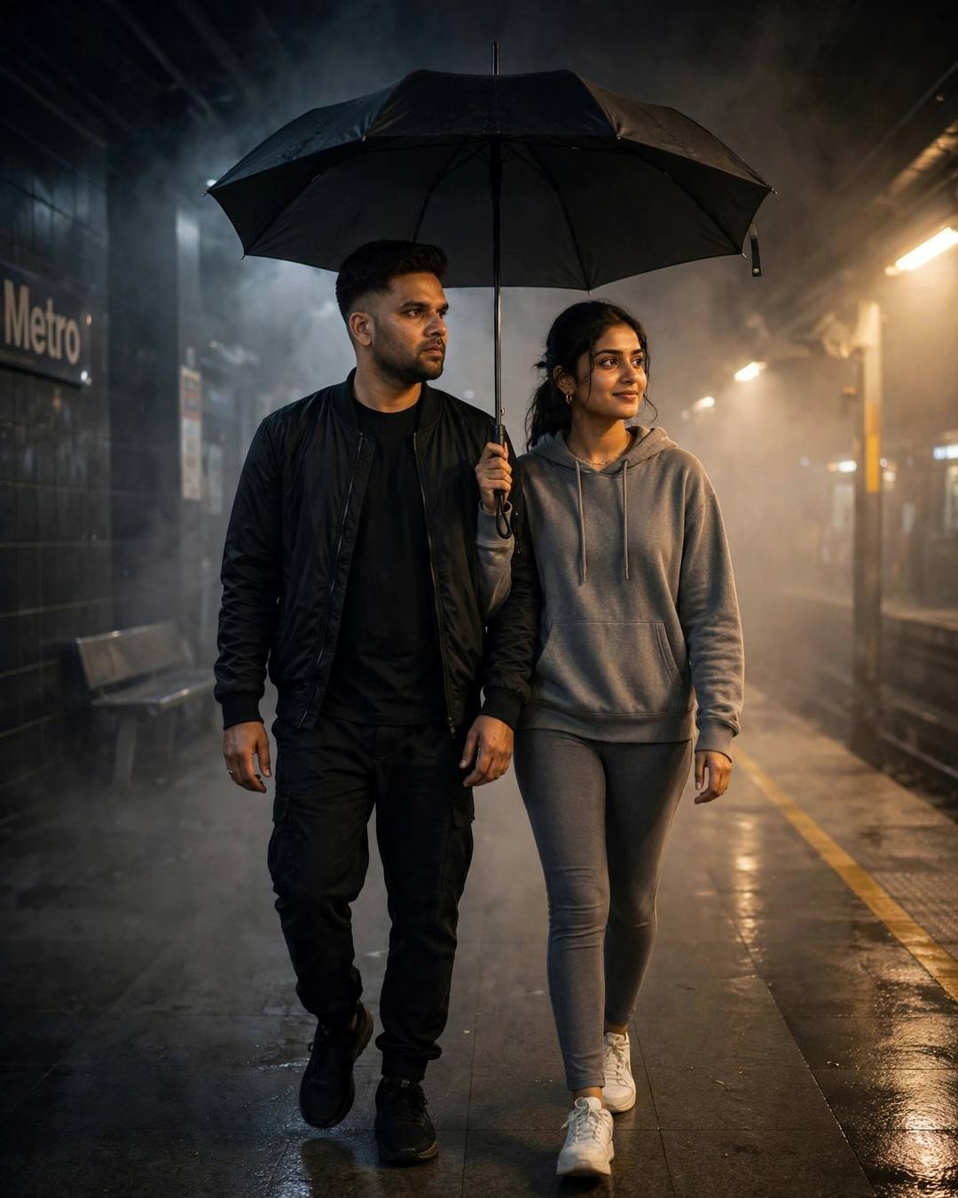 Couple walking under one umbrella on a foggy metro platform at night