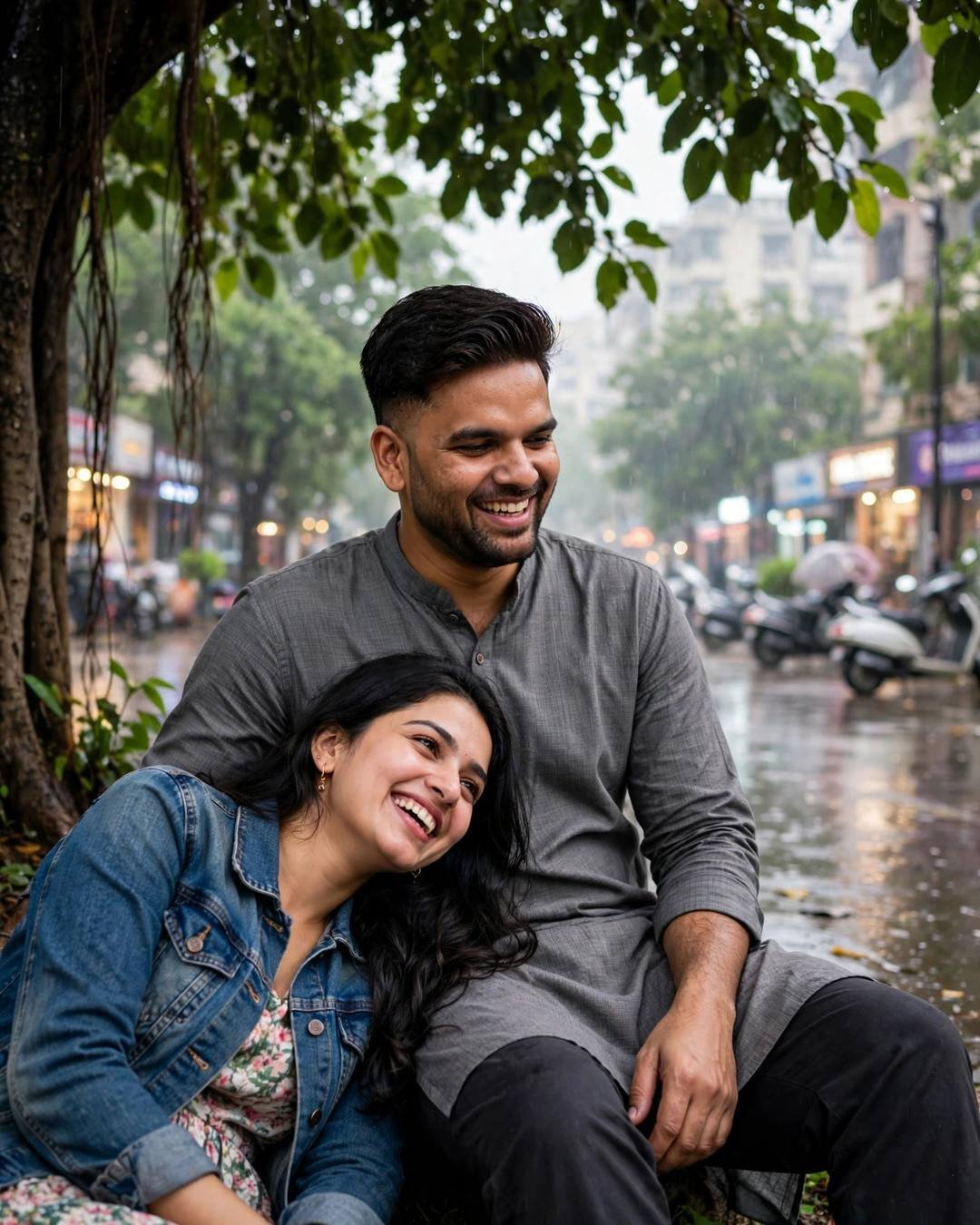 Couple laughing together under a tree on a rain-soaked city street