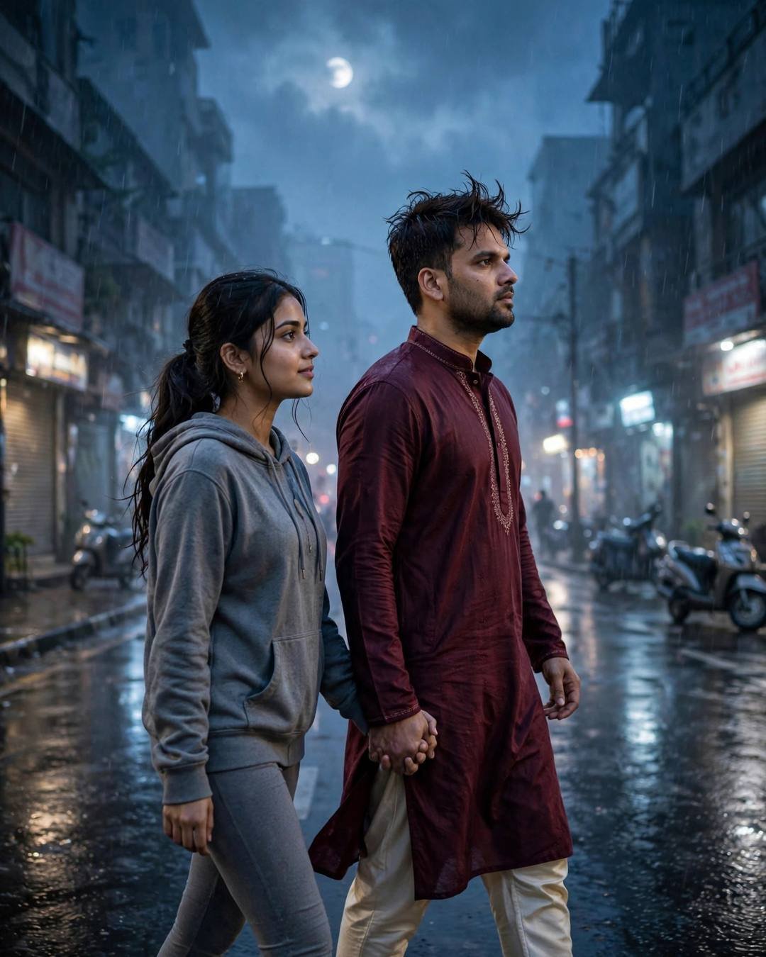 Couple walking hand in hand away into a moonlit rainy city street