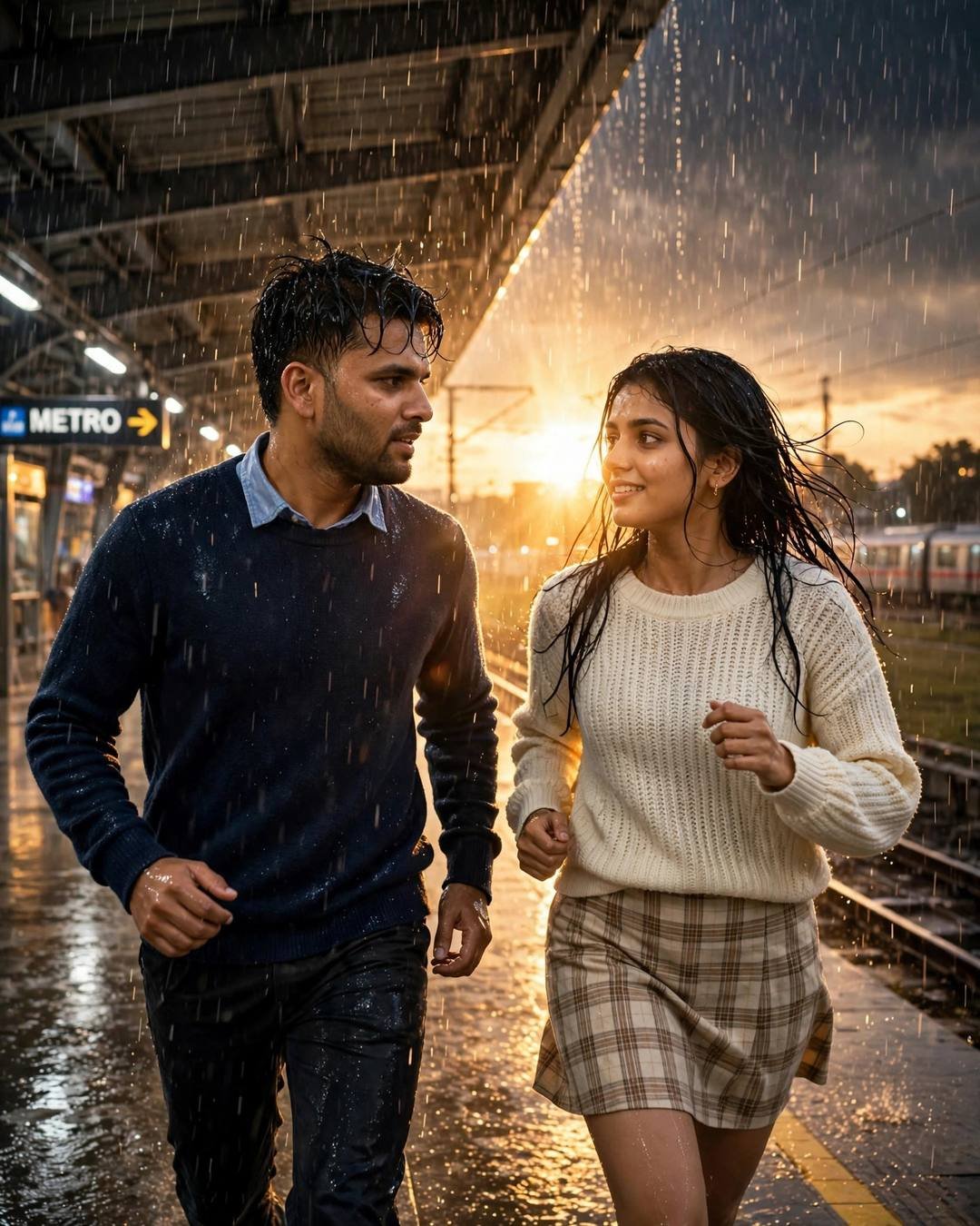 Couple running toward each other at a rainy metro station at sunset, smiling, golden backlight with lens flare
