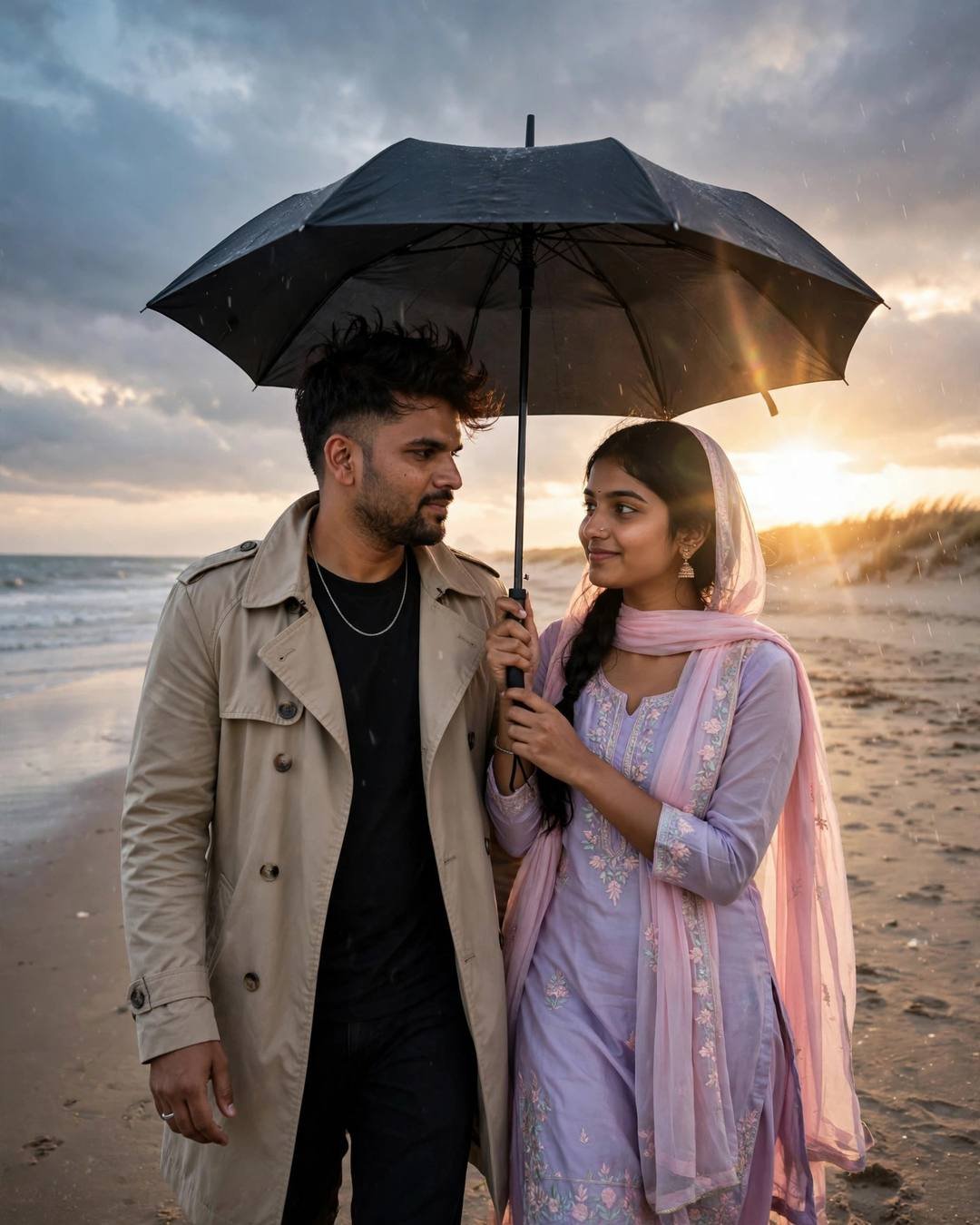 Couple sharing one umbrella on a deserted beach at dusk, man in beige trench coat, woman in pastel salwar-kameez with dupatta