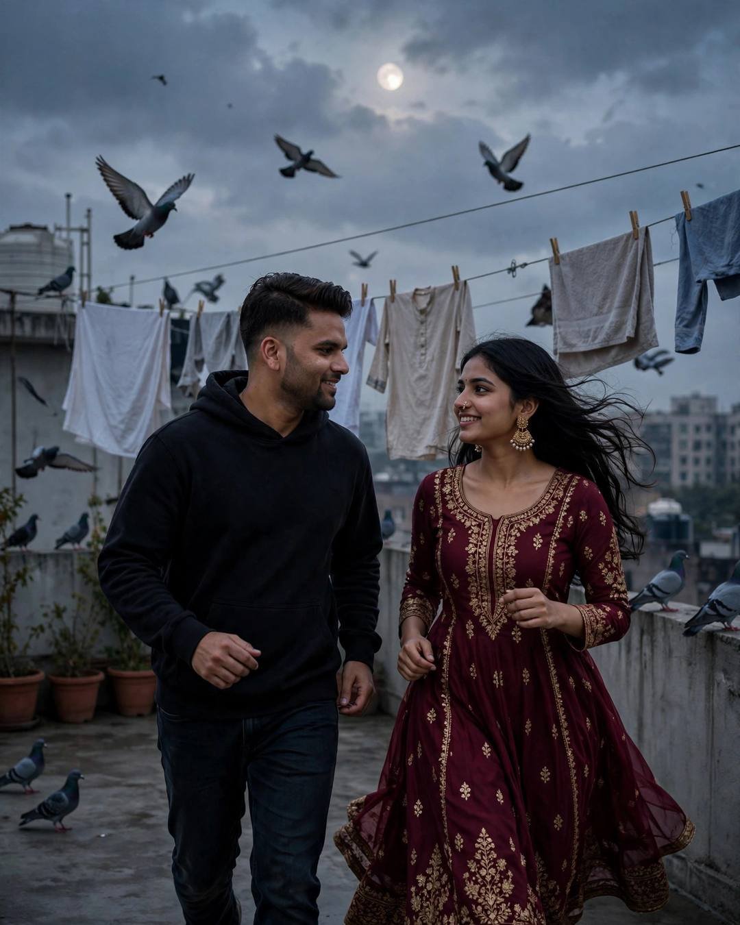 Couple running toward each other on a moonlit rooftop terrace at night, pigeons flying, clotheslines behind