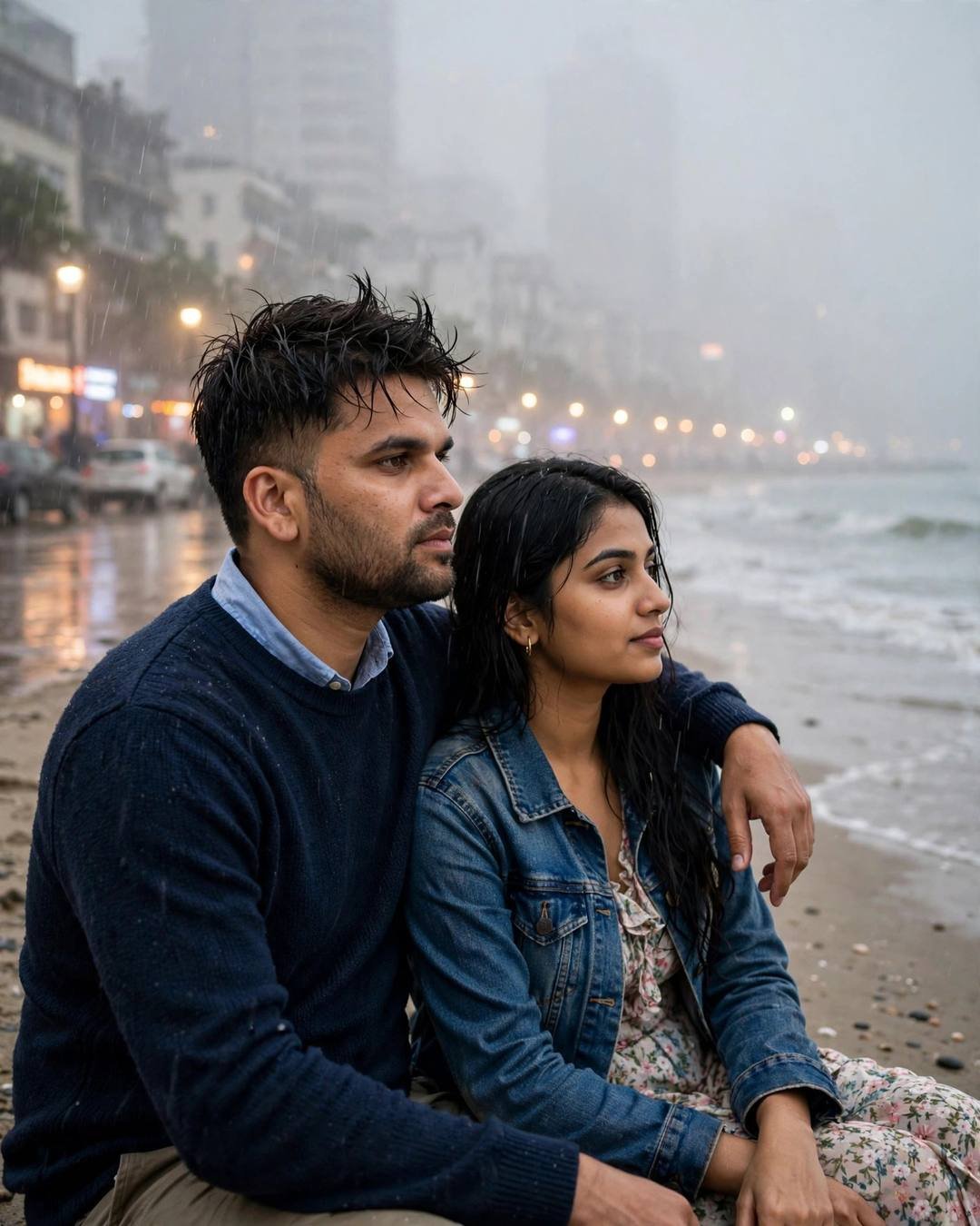 Couple sitting close on wet sand by the sea in rain and fog at dawn, man in navy sweater, woman in denim jacket over floral dress