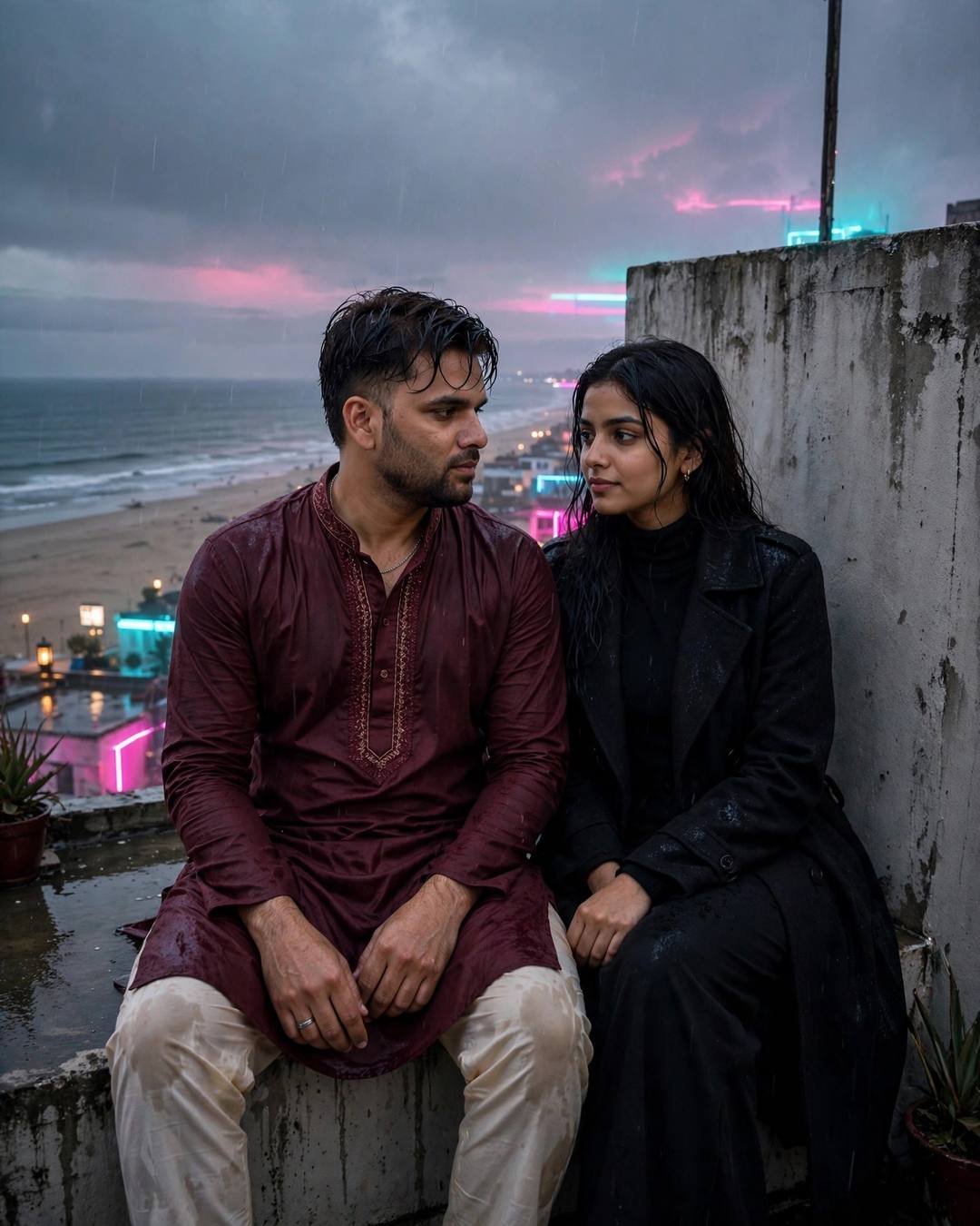 Couple sitting on a rooftop at dusk looking into each other's eyes, man in maroon kurta, woman in black turtleneck and long coat, neon lights