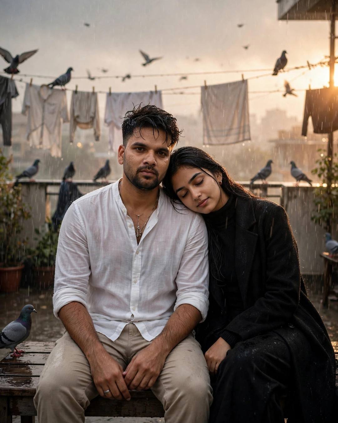 Couple sitting close on a bench on a rainy terrace at dawn, woman resting her head on the man's shoulder, pigeons on clotheslines