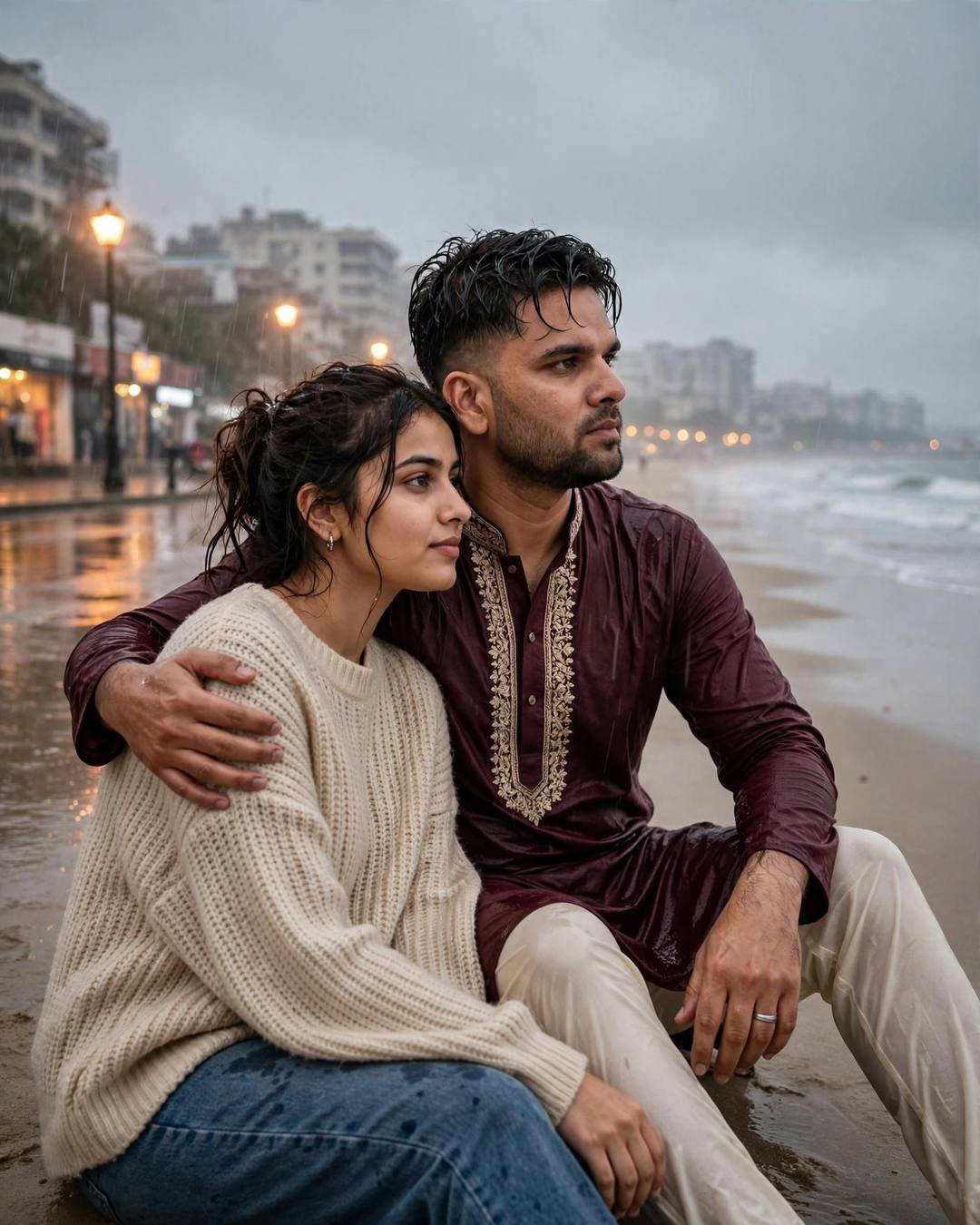Couple sitting on wet sand by the sea at dawn in the rain, man in maroon kurta with arm around woman in beige sweater