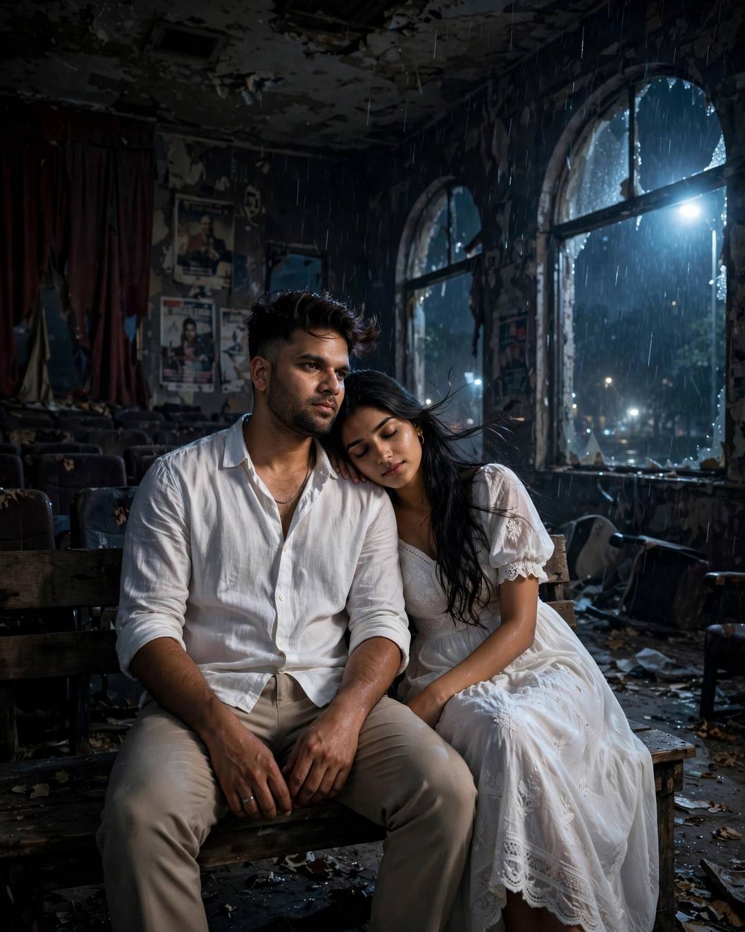 Couple sitting on a bench in an abandoned cinema hall at night, woman's head on man's shoulder, rain falling through broken roof