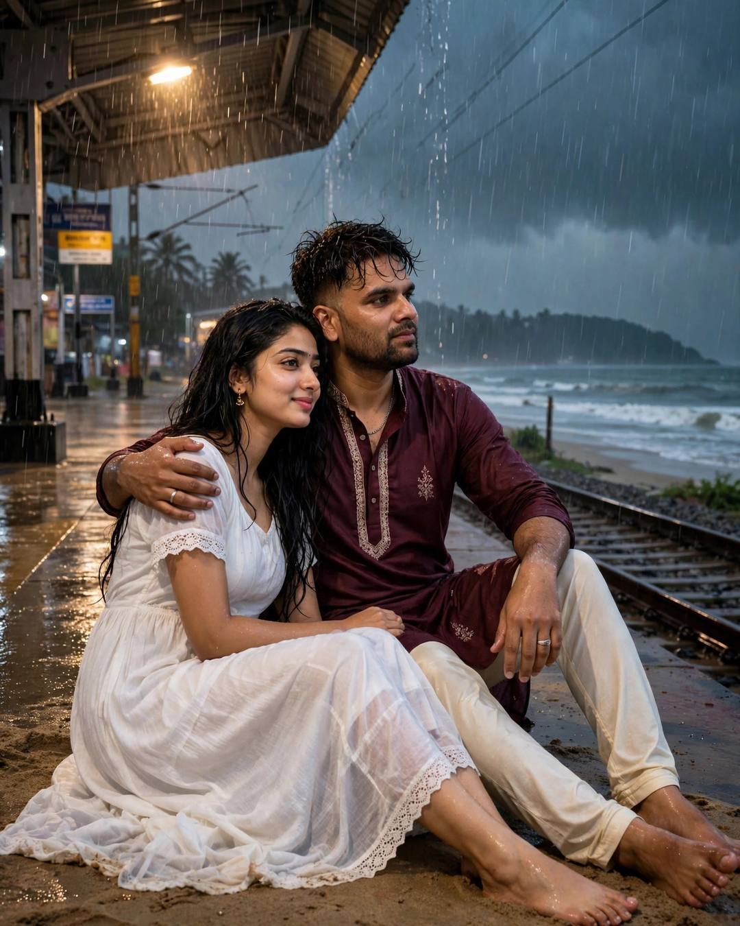 Couple sitting close on a rainy railway platform at night by the sea, man in maroon kurta with arm around woman in white dress