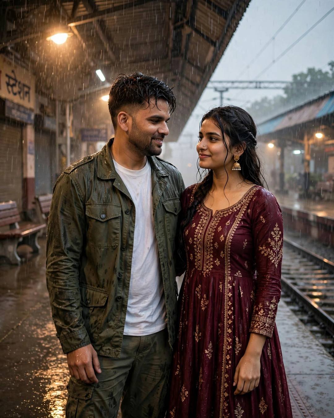 Couple looking into each other's eyes on a rainy railway platform at night, man in olive field jacket, woman in maroon anarkali