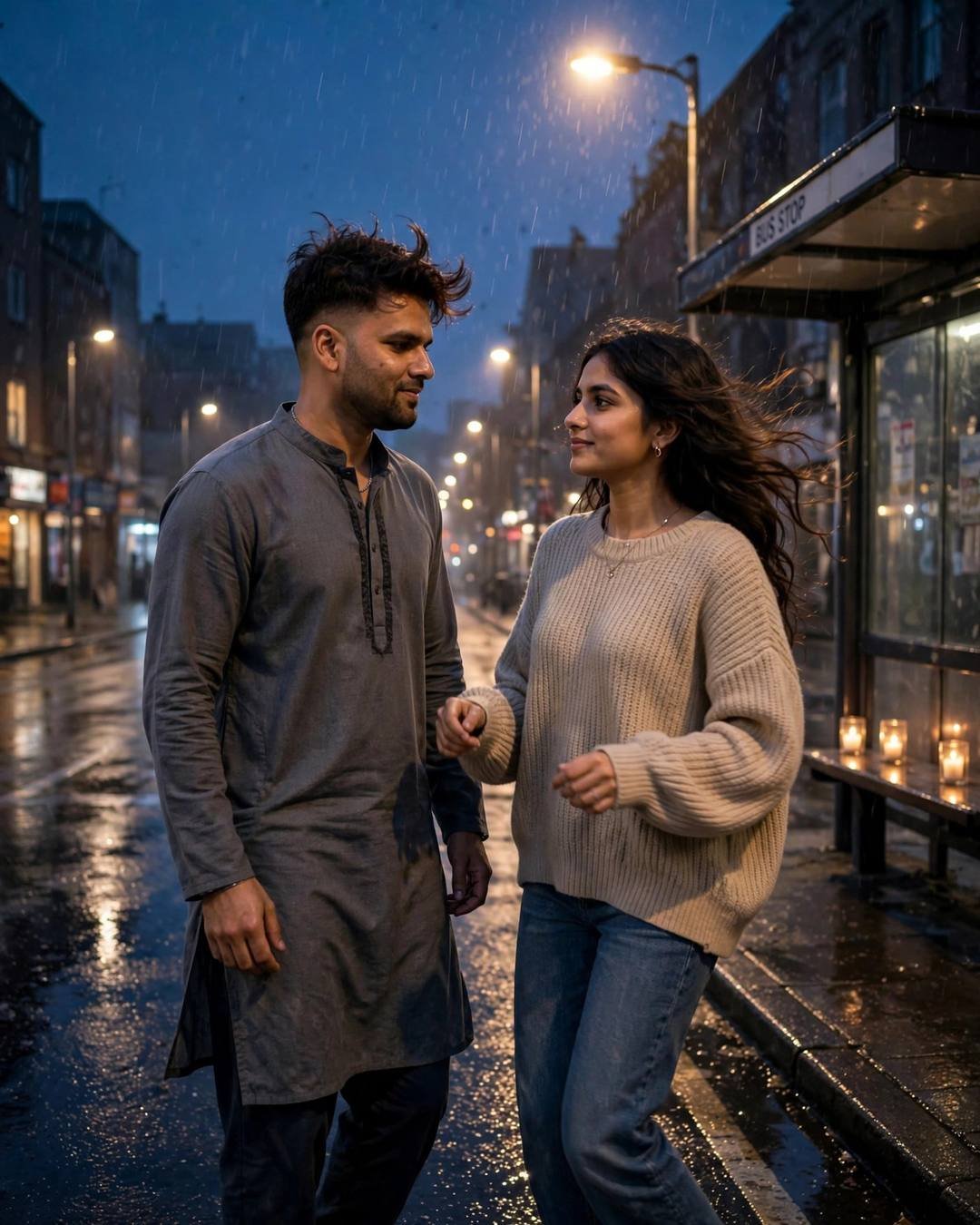 Couple dancing in the rain on an empty street at blue hour