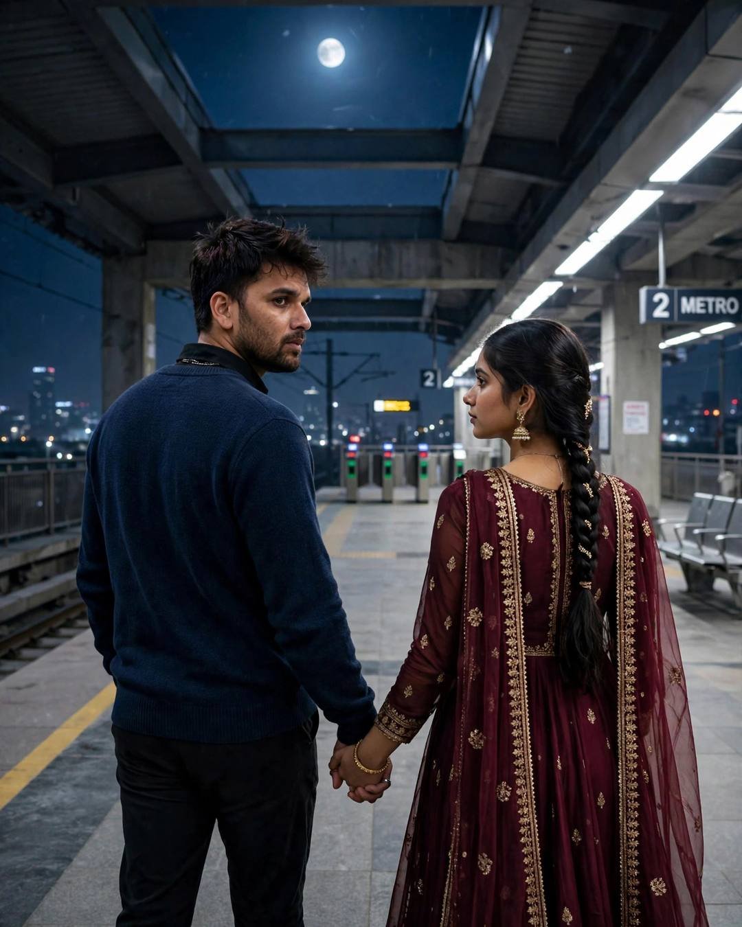 Couple walking hand in hand away through a moonlit metro station