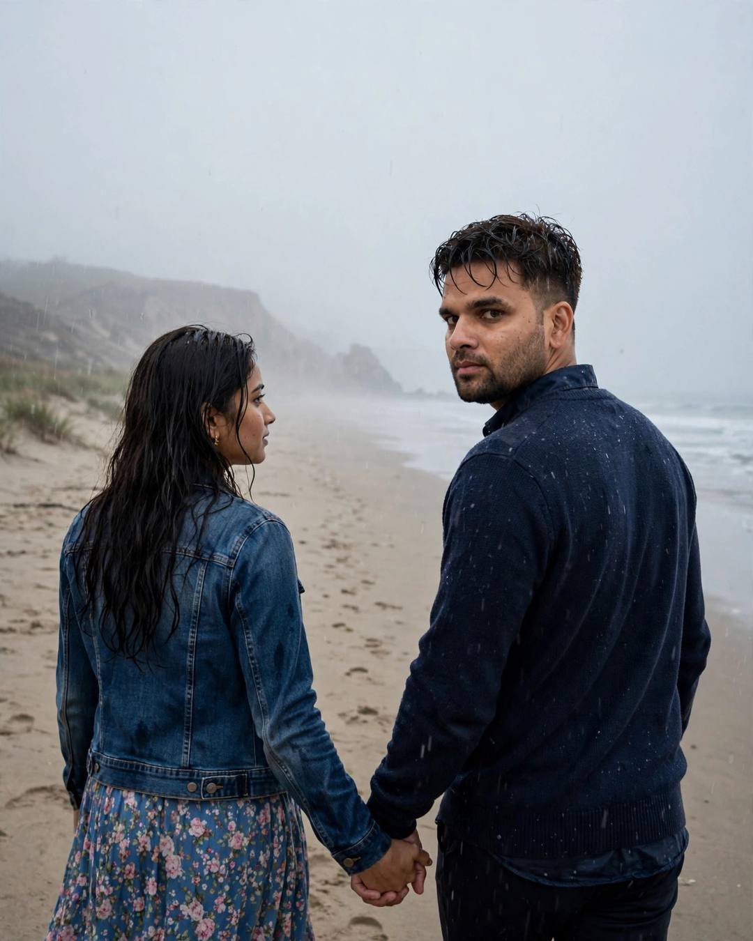 Couple walking hand in hand along a misty beach at dusk