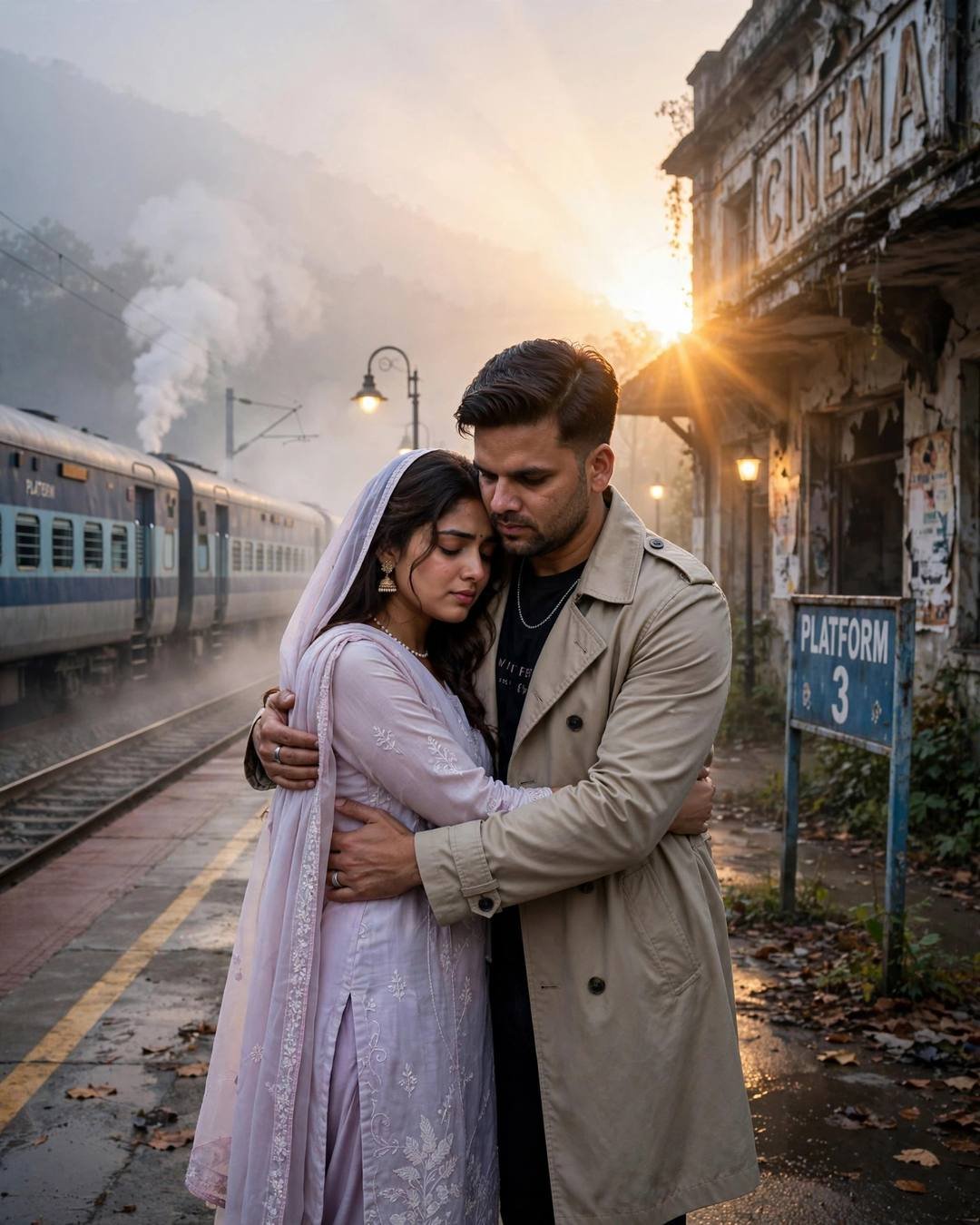 Couple hugging on a railway platform in golden hour light