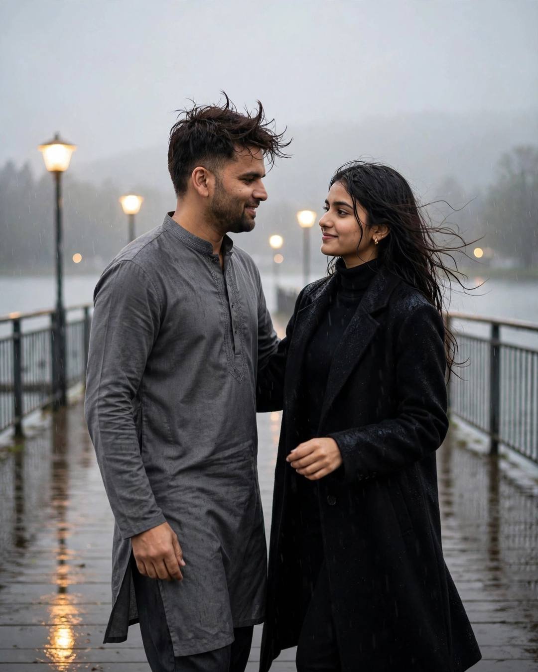 Young Indian couple dancing slowly in an empty street under streetlights at the quiet lake pier at dawn, drizzle
