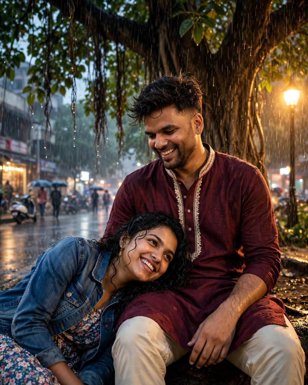 Young Indian couple sitting under a tree, her head in his lap, both laughing softly at the rain-soaked city street, light rain