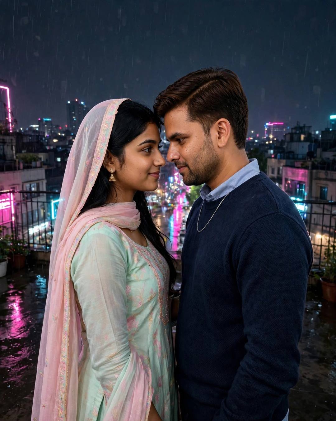 Young Indian couple standing face to face, foreheads almost touching at the rooftop overlooking sleeping city lights, post-rain wet streets