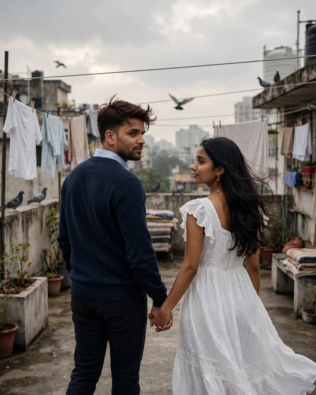 Young Indian couple walking hand in hand away from the camera into the distance at the terrace with drying clothes lines and pigeons, overcast gloom