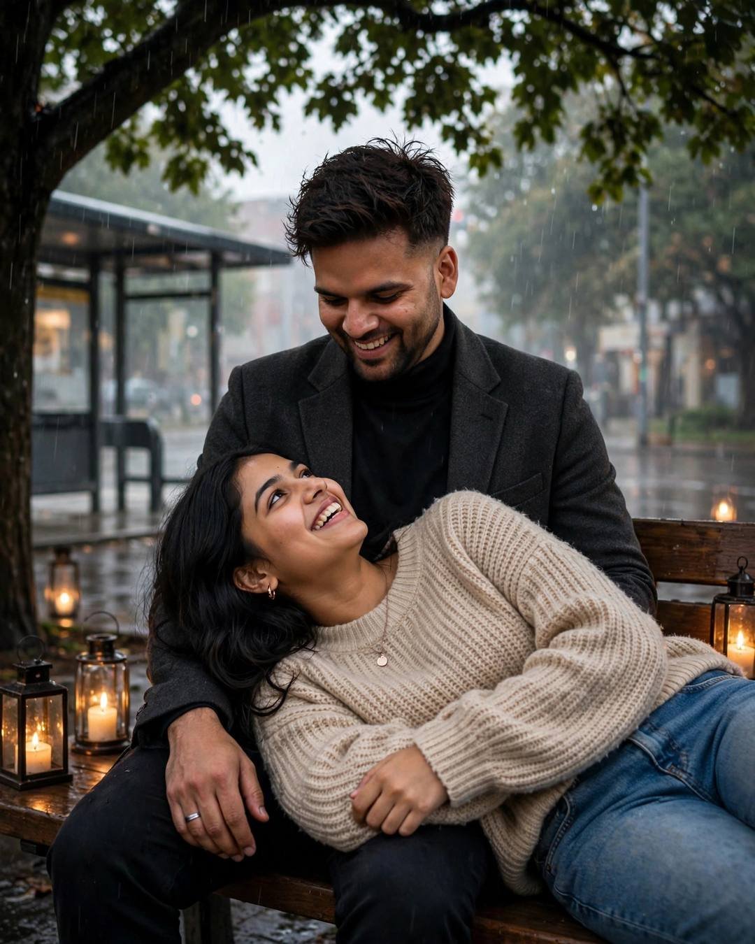 Young Indian couple sitting under a tree, her head in his lap, both laughing softly at the bus stop in the rain, light rain