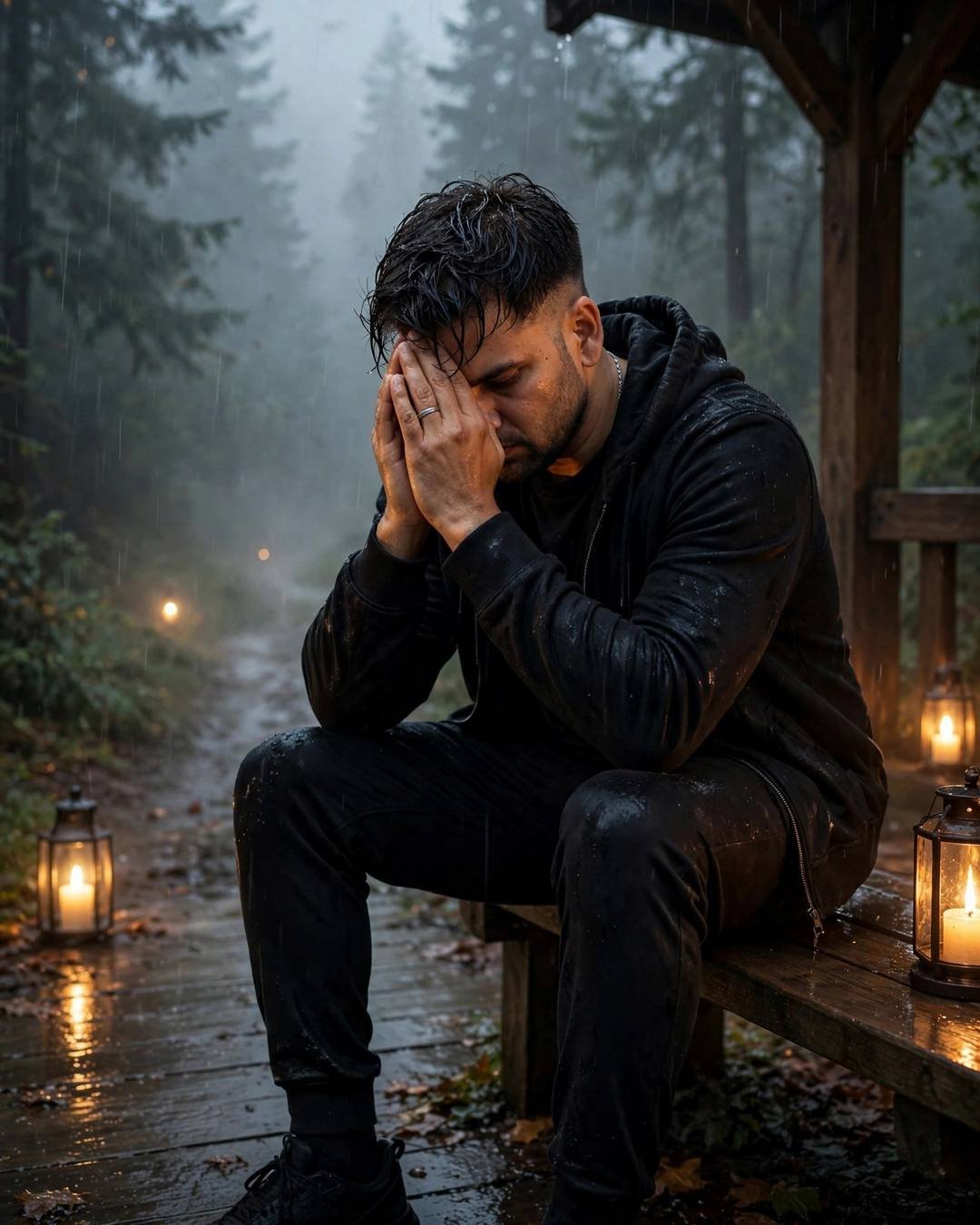 Young Indian man sitting on station bench, elbows on knees, head in hands at the misty forest path, dense fog