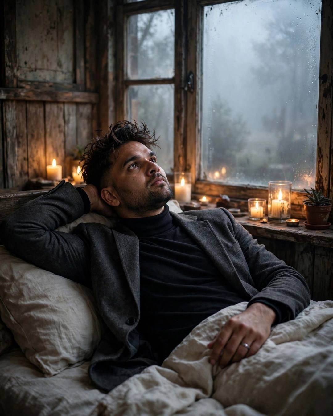 Young Indian man lying on the bed staring at the ceiling, one arm behind head at the old cafe by a fogged window, dense fog
