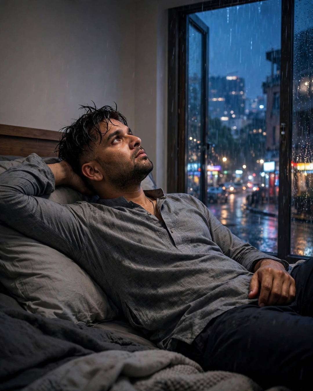 Young Indian man lying on the bed staring at the ceiling, one arm behind head at the rain-soaked city street, drizzle